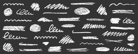 Chalk brush underline stroke set. Crayon marker highlight scribble stroke. Vector hand drawn brush underline element set for accent, crayon texture emphasis element. Rough chalk vector illustrationのイラスト素材