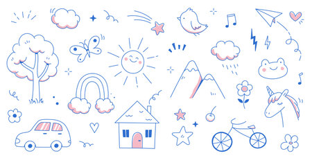 Kid cute doodle set. Cute sun, house, tree kid doodle sketch style vector. Hand drawn sun, car, rainbow elements. Funny children pen outline flower, bird, butterfly. Vector illustration.のイラスト素材