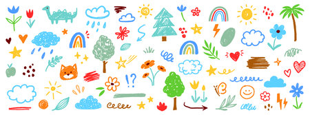 Cute kid flower, cloud, summer illustration. Hand drawn doodle sketch children cute vector school chalk background. Kids doodle crayon style line flower, cloud doodle pattern. Vector illustrationのイラスト素材