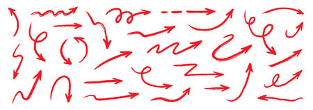 Arrow crayon brush doodle chalk red line stroke. Sketch pencil texture line scribble red arrow icon. Hand drawn grunge crayon brush sketch direction element set. Vector illustrationのイラスト素材