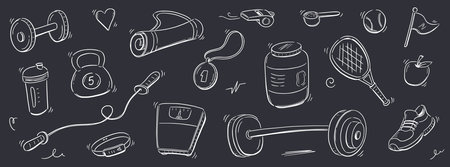 Sport gym sketch health icon set. Hand drawn sketch doodle healthy sport, gym fit exercise equipment icon.Doodle hand drawn tennis ball, bottle, dumbbell fit equipment. Vector illustration.のイラスト素材
