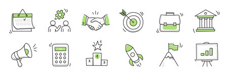 Hand drawn doodle business, money icon set. Finance, startup marketing sketch drawn cute trendy line doodle icon. Business work, finance rocket, growth economic goal elements. Vector illustrationのイラスト素材