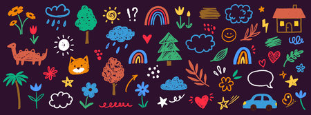 Cute kid flower, cloud, summer illustration. Hand drawn doodle sketch children cute vector school chalk background. Kids doodle crayon style line flower, cloud doodle pattern. Vector illustrationのイラスト素材