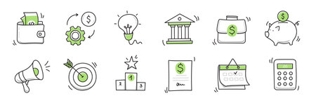Hand drawn doodle business, money icon set. Finance, money, marketing sketch drawn cute trendy line doodle icon. Business bank, finance calculator, economic goal elements. Vector illustrationのイラスト素材