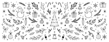 Christmas drawn holly line decor, pine branch, snowflake background. Hand drawn doodle sketch holly floral, christmas tree leaves, winter pine. Holiday ornament sketch doodle. Vector illustrationのイラスト素材
