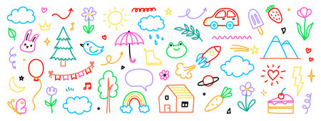 Cute kid background line tree, cloud, flower icon. Hand drawn doodle sketch kid art element set. Flower, heart, cloud children draw style design element background. Vector illustrationのイラスト素材