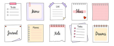 Memo frame note paper line cute planner sheet set. Notebook paper note frame for task list page, to do list sticker sheet. Hand drawn kid sketch line style reminder sticker. Vector illustration.のイラスト素材