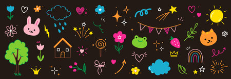 Cute kid icon element line flower, cloud, heart background. Hand drawn doodle cute cartoon scribble sticker element set. Flower, heart, cloud children elements background. Vector illustrationのイラスト素材