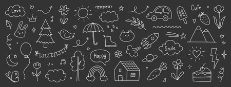 Cute kid background line tree, cloud, flower chalk icon. Hand drawn doodle sketch kid art element...