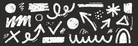 Brush line shape background abstract texture paint set. Hand drawn sketch doodle scribble brush geometric shape crayon effect background. Abstract arrow, circle, zigzag vector illustration.のイラスト素材