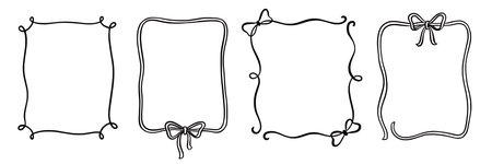 Bow frame ribbon border vintage hand drawn set. Hand drawn doodle sketch style line bow frame decorative black vintage ornament. Elegant doodle holiday, wedding ribbon border. Vector illustrationのイラスト素材