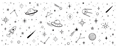 Space star vector kid universe background. Hand drawn doodle sketch style space cute galaxy background. Hand drawn kid galaxy universe pattern. Planet, rocket, star element. Vector illustrationのイラスト素材
