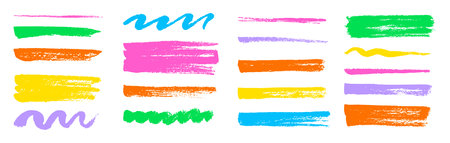 Brush texture stroke pencil color underline highlight. Marker pen highlight stroke. Vector hand drawn brush underline element set for accent, crayon texture emphasis effect. Chalk vector illustrationのイラスト素材