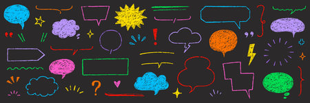 Text frame hand drawn crayon speech bubble set. Crayon chalk pencil background talk speech bubble frame. Hand drawn chalk pencil dialog balloon, children color doodle text cloud. Vector illustrationのイラスト素材