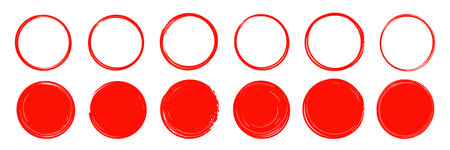 Brush stroke texture circle red hand drawn element set. Hand drawn brush stroke calligraphy rough line frame. Texture stroke red circle background. Abstract stain grunge style. Vector illustrationのイラスト素材