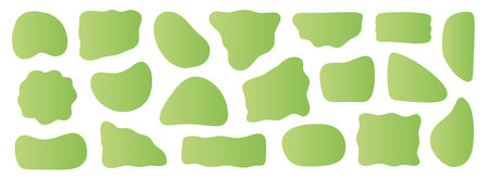 Abstract organic shape round form set. Green color liquid organic blob curve shape figure. Abstract liquid bubble, wavy different form. Soft round oval pattern background. Vector illustrationのイラスト素材