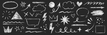 Arrow line chalk brush hand drawn sketch element set. Grunge square, heart, arrow element scribble line brush hand drawn pencil sketch. Texture chalk, crayon pencil style. Vector illustrationのイラスト素材