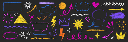 Kid color pencil hand drawn line element set. Chalk pencil hand drawn doodle sketch texture color kid crayon arrow, heart, cloud shape set. Texture chalk, crayon pencil style. Vector illustrationのイラスト素材