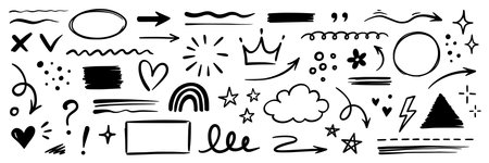 Line hand drawn brush marker underline, highlight, star element set. Hand drawn sketch marker underline shape, arrow, star scribble brush pen stroke icon highlight element. Vector illustration.のイラスト素材