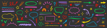 Line hand drawn brush marker arrow, heart shape element chalkboard set. Hand drawn sketch marker underline shape, arrow, star marker brush pen stroke icon heart element. Vector illustrationのイラスト素材
