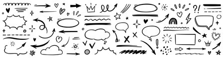 Line hand drawn brush marker arrow, heart shape element set. Hand drawn sketch marker underline shape, arrow, star marker brush pen stroke icon heart element. Vector illustrationのイラスト素材