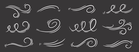 Wind line air swirl vector icon on chalkboard. Hand drawn doodle wind motion, air blow, swirl doodle elements. Sketch drawn air blow motion, smoke flow wave, abstract line. Vector illustrationのイラスト素材