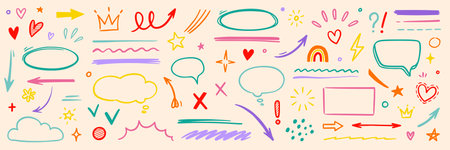 Line hand drawn brush marker arrow, heart shape element kid color set. Hand drawn sketch marker underline shape, arrow, star marker brush pen stroke icon heart element. Vector illustrationのイラスト素材