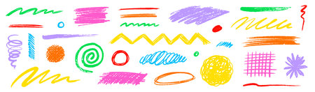 Crayon pencil scribble chalk texture brush stroke element set. Hand drawn crayon pencil brush stroke texture line color shape. Children chalk scratch hand drawn style. Vector illustrationのイラスト素材