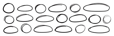 Line brush pen highlight round oval frame set. Hand drawn marker, pen scribble stroke line oval frame. Brush round frame for text highlight ellipse. Grunge scratch style set. Vector illustrationのイラスト素材