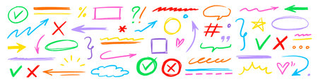 Line pencil arrow color brush kid style set. Crayon chalk scribble, underline and check mark cute highlight texture. Hand drawn pastel marker sign, heart doodle design elements. Vector illustration.のイラスト素材
