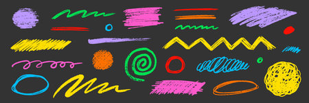 Crayon pencil scribble chalk texture brush stroke element set. Hand drawn crayon pencil brush stroke texture line color shape. Children chalk scratch hand drawn style. Vector illustrationのイラスト素材