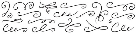 Line ornament flourish calligraphy swirl set. Elegant flourish divider, underline and scroll swash wedding font, label or accent. Line art swirl, chalk flourish, vintage ornament. Vector illustrationのイラスト素材
