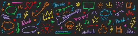 Music star doodle icon punk rock set. Hand drawn music sketch guitar, microphone, skull. Fun graffiti star shape doodle arrow, crown, speech bubble grunge decoration elements. Vector illustrationのイラスト素材