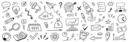 Business money sketch idea icon set. Hand drawn sketch elements for startup, project, goal and teamwork. Business graphic chart, rocket, growth marketing concept in chalkboard. Vector illustrationのイラスト素材