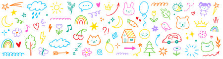 Kid cute baby doodle summer element set. Colorful kid sketch cute heart, kindergarten rainbow and childish toy cartoon elements. Hand drawn school playground activity icons. Vector illustrationのイラスト素材