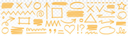 Highlight marker yellow set. Yellow underline mark with hand drawn marker stroke and sketch brush texture. Arrow paint scribble shape, check mark, and pen rectangle frame set. Vector illustrationのイラスト素材