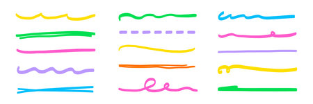 Marker pen color line set. Marker and pen highlight with line stroke, text underline and pencil mark. Hand drawn sketch cute element with stripe brush and colorful scribble. Vector illustrationのイラスト素材