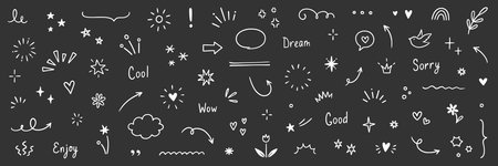 Line arrow, star, heart cute icon elements. Hand drawn sketch heart, arrow, star, flower decoration symbols. Simple sketch line style emphasizes abstract elements on chalkboard. Vector illustrationのイラスト素材