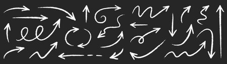 Hand drawn chalk arrow vector set. Hand drawn sketch chalk crayon rough texture brush stroke organic line arrow. Doodle crayon pencil direction element on blackboard background. Vector illustrationのイラスト素材