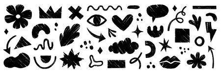 Crayon abstract organic element set. Hand drawn sketch doodle scribble brush geometric figure shape crayon texture background. Abstract arrow, circle, zigzag organic elements. Vector illustrationのイラスト素材