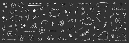 Line sketch element star, arrow, heart design icons on chalkboard. Hand drawn sketch doodle cute star, heart, flower element. Line text decoration scribble decoration. Hand drawn Vector illustrationのイラスト素材