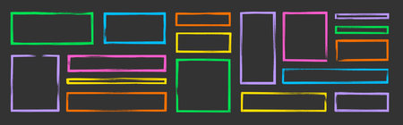 Rectangle photo frame with color brush strokes and rough edges. Color photo rectangle, box border. Hand drawn brush stroke texture stamp shape set with rough edge effect. Vector illustrationのイラスト素材