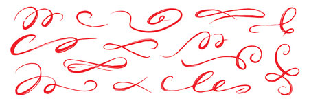 Flourish drawn swash red set. Red flourish calligraphy hand drawn pen brush ink thin stroke line..Vintage doodle swirl scroll underline text decoration texture grunge. Vector illustration.のイラスト素材