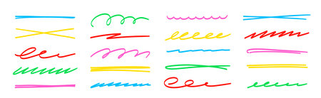 Line color brush underline set. Line underline brush hand drawn pen marker strokeswoosh, squiggle shape..Doodle scribble wavy wave highlight handwriting ink shape background. Vector illustration.のイラスト素材