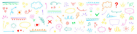 Cute line color star, arrow, heart decoration element icon set. Hand drawn sketch doodle cute star, emphasis, flower element. Brush pen line text decoration icons. Hand drawn vector illustrationのイラスト素材