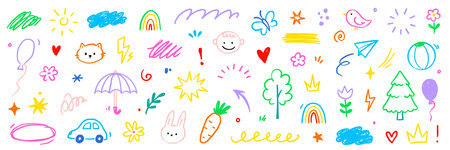 Kid cute baby childish element set. Cute kid school doodle sketch rainbow, sun, cloud background. Children preschool cartoon icons with happy face, house, tree, bird and heart. Vector illustrationのイラスト素材