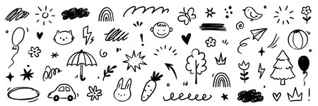 Kid icon line cute element set. Kid icon sketch with line outline and hand drawn art on paper cloud,...