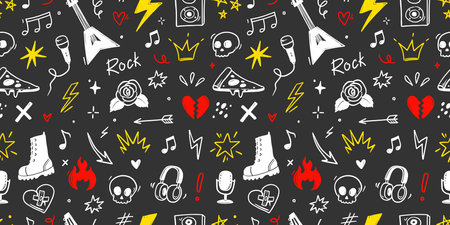 Rock music  pattern with guitar, skull, punk symbols. Hand drawn doodle scribbles stickers with stars, roses and love heart for rock music background, tattoo design. Vector illustrationのイラスト素材