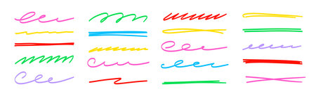 Line color brush underline set. Line underline brush hand drawn pen marker strokeswoosh, squiggle shape..Doodle scribble wavy wave highlight handwriting ink shape background. Vector illustration.のイラスト素材