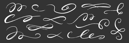 Flourish drawn swash line set. Flourish line calligraphy hand drawn pen chalkboard brush stroke..Elegant vintage doodle swirl scroll underline text decoration on blackboard. Vector illustration.のイラスト素材